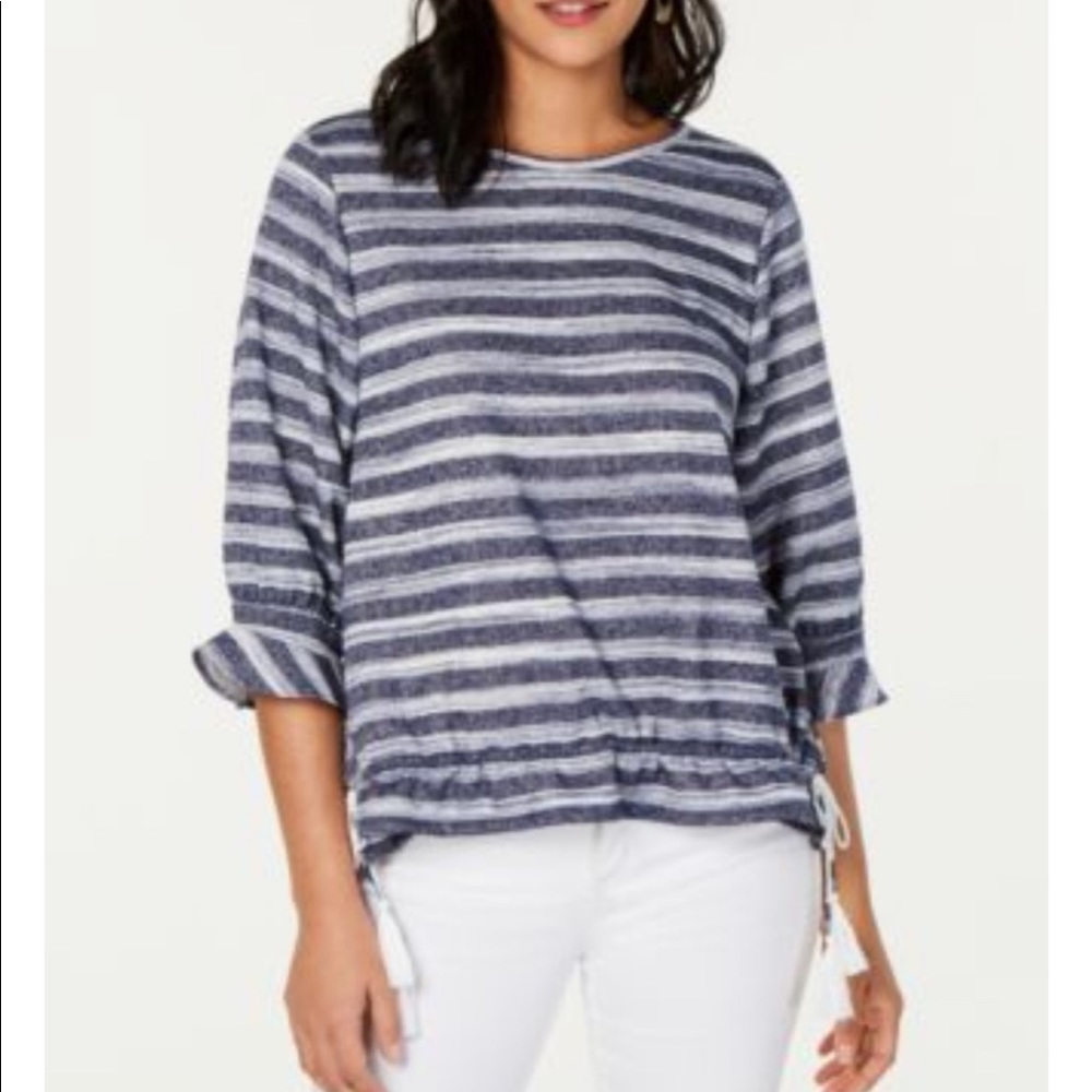 Style & Co Blue & White Stripe Drawstring Hem Sweatshirt Top Size Medium